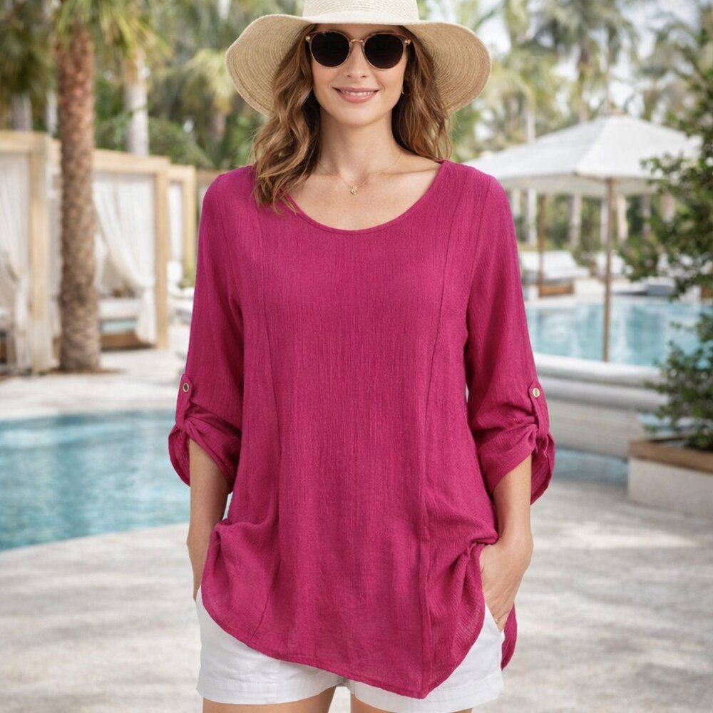 Ali Miles Crinkle Tunic Top Women's M Hot Pink Roll Tab Sleeve Artwear Boho Chic